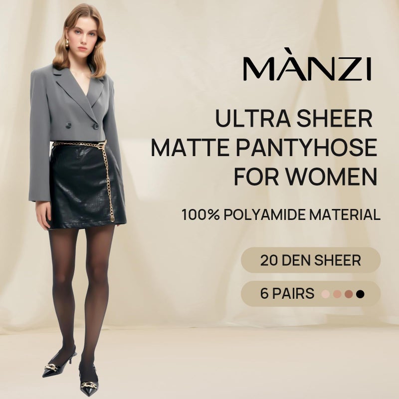 MANZI Women's Pantyhose Black 6-Pack Basic Hosiery 20-Denier Sheer Nylon Tights S - Image 3